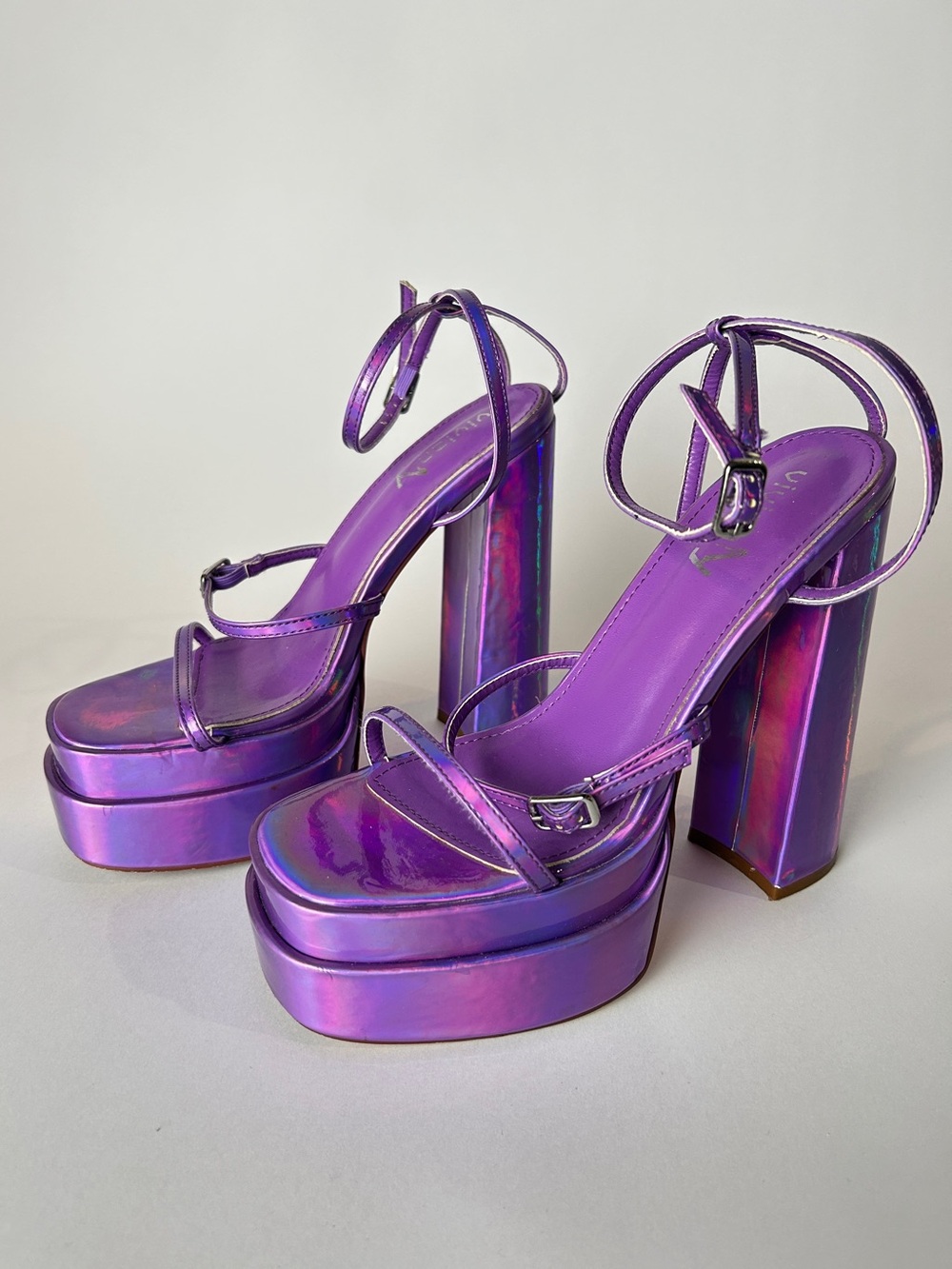 Platform Block Heel Ankle-Strap Sandals - Purple Holographic Y2K Rave Prom Disco
